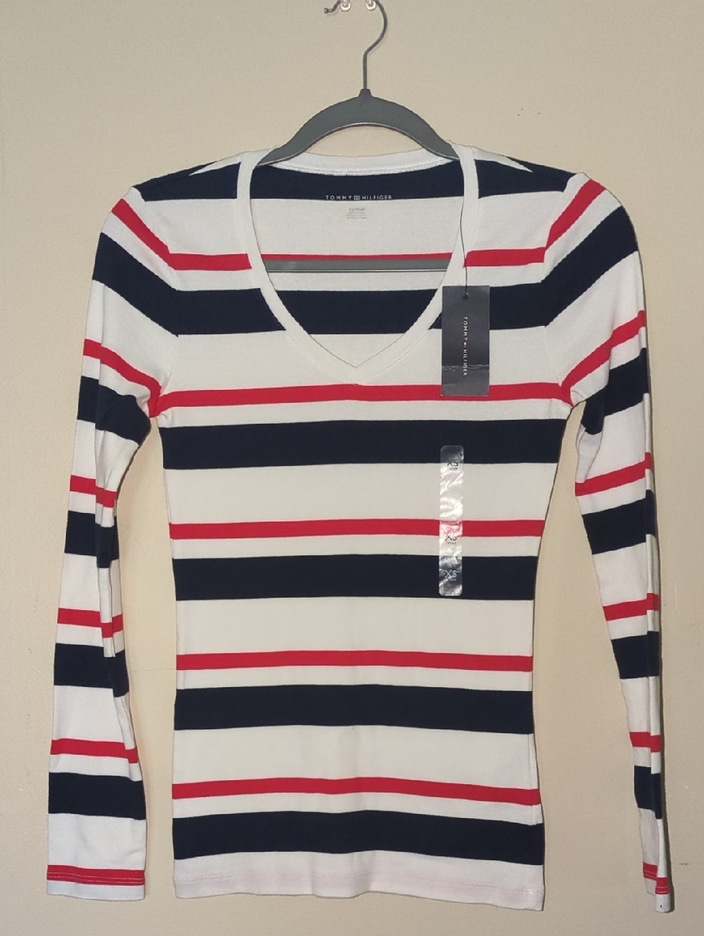 🔥SALE🔥Tommy Hilfiger White V-Neck Long Sleeve Top with Navy and Red Stripes